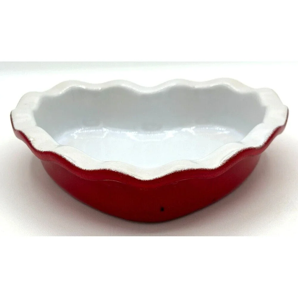 Emile Henry Red‎ & White Heart Shape Ruffled Dish Made in France 5 3/4” 61.49